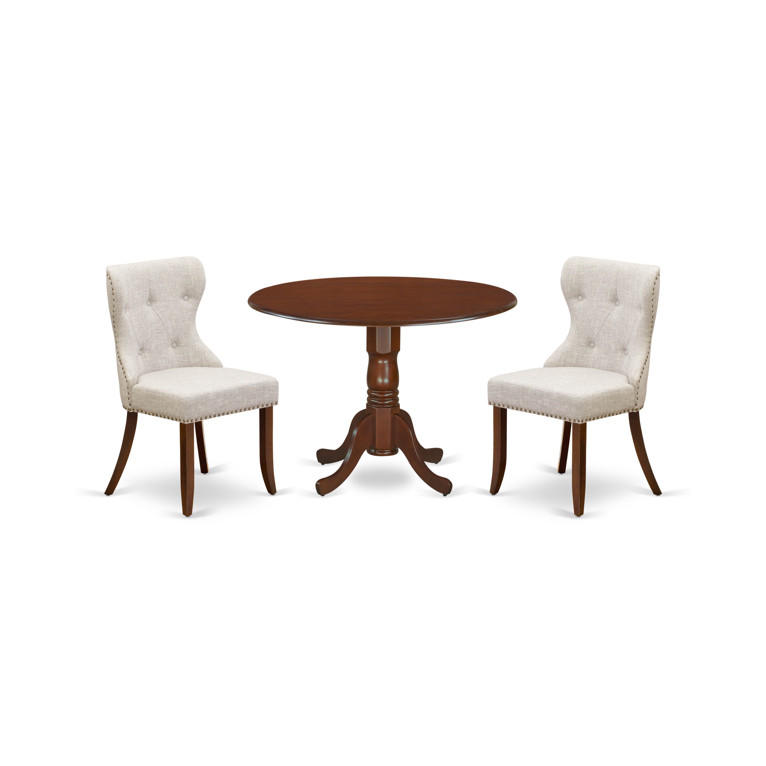 East-West Furniture DLSI3-MAH-35 - A dining room table set of two wonderful dining chairs using Linen Fabric Doeskin color and a fantastic two 9" drop leaf round pedestal kitchen table in Mahogany Finish