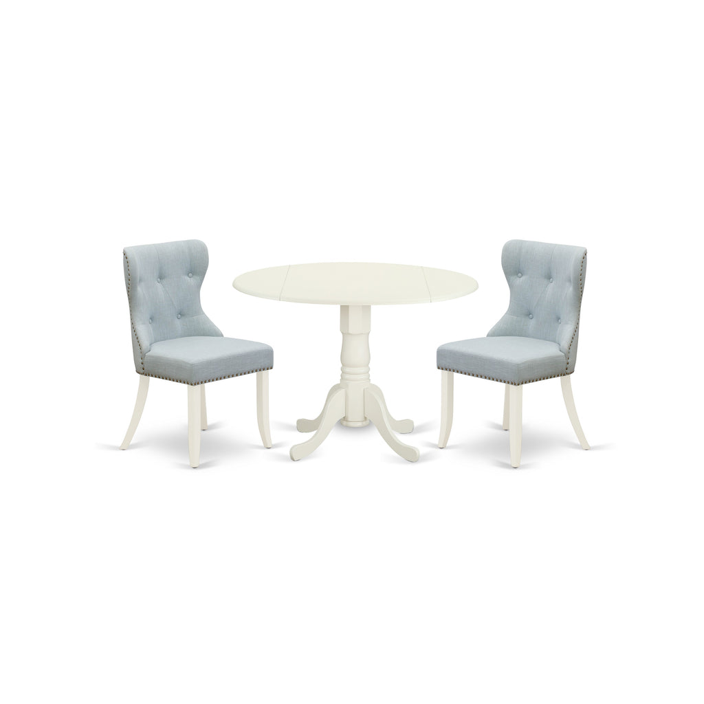 East West Furniture DLSI3-WHI-15 3 Piece Dining Room Furniture Set Contains a Round Dining Table with Dropleaf and 2 Baby Blue Linen Fabric Upholstered Chairs, 42x42 Inch, Linen White