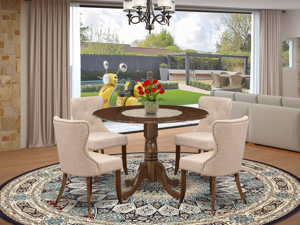 Juego de mesa de cocina de 5 piezas East West Furniture DLSI5-AWA-04 para espacios pequeños. Consta de una mesa redonda de madera con alas abatibles y 4 sillas tapizadas.