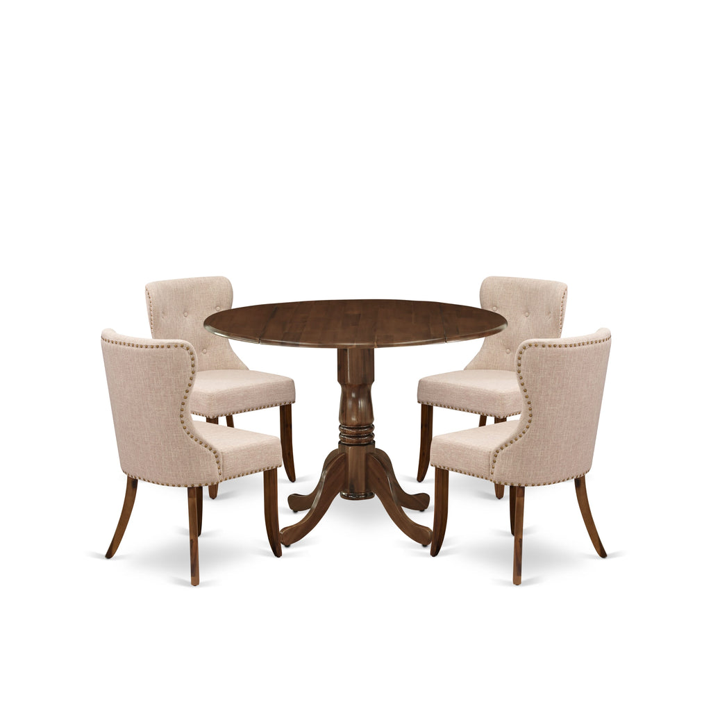 Juego de mesa de cocina de 5 piezas East West Furniture DLSI5-AWA-04 para espacios pequeños. Consta de una mesa redonda de madera con alas abatibles y 4 sillas tapizadas.