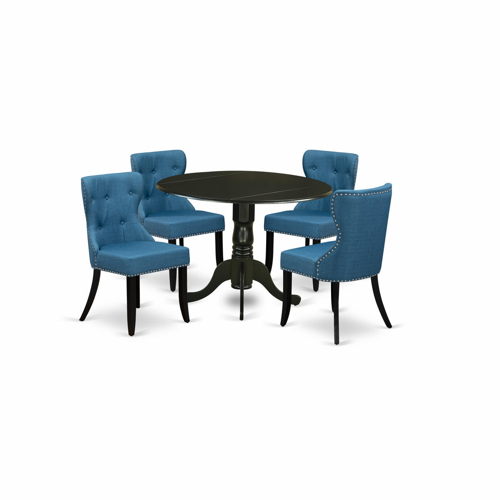 East West Furniture DLSI5-BLK-21 5 Piece Dining Room Table Set Includes a Round Kitchen Table with Dropleaf and 4 Blue Linen Fabric Parson Dining Chairs, 42x42 Inch, Black