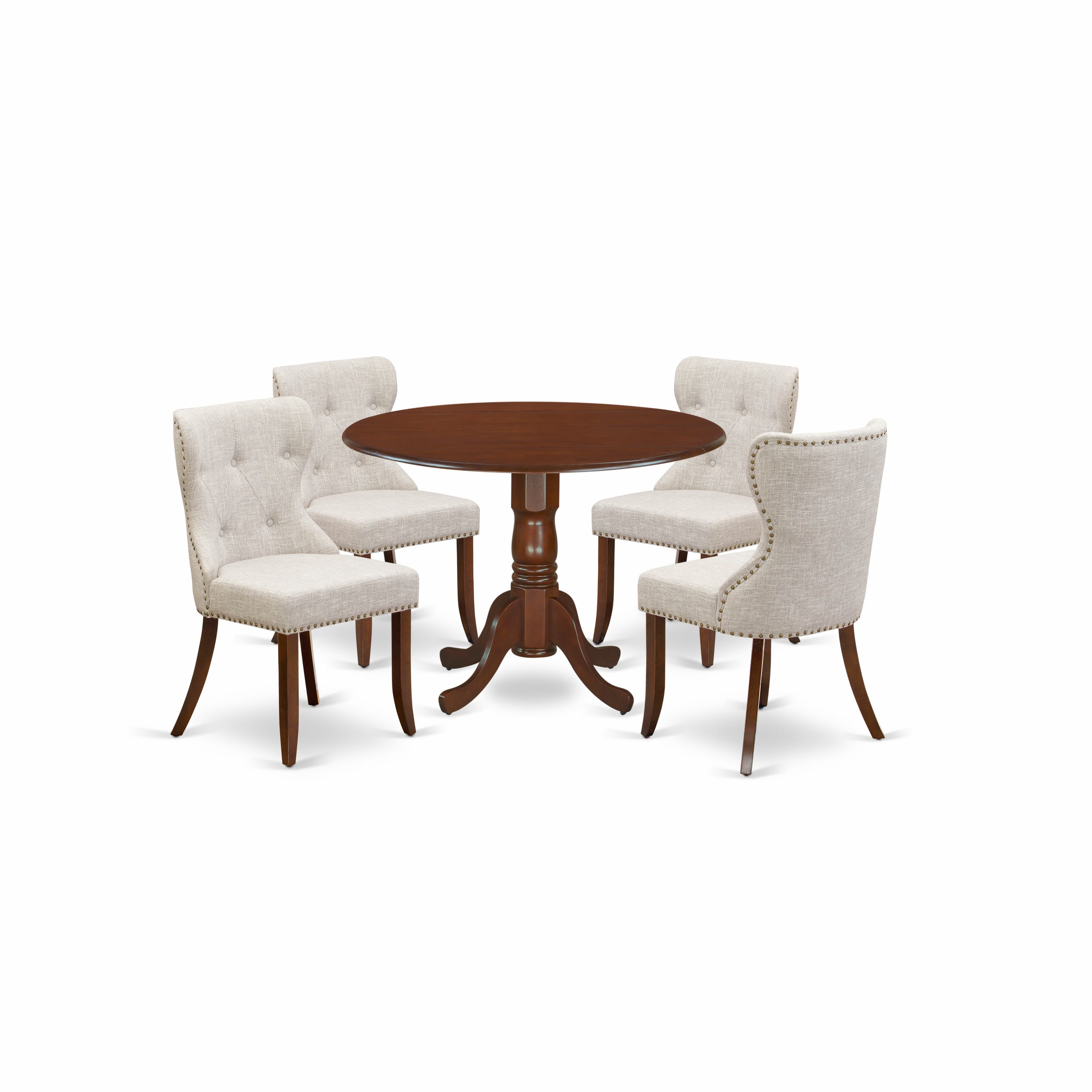 East-West Furniture DLSI5-MAH-35 - A dining room table set of 4 amazing kitchen chairs using Linen Fabric Doeskin color and an attractive two 9" drop leaf round wooden table in Mahogany Finish