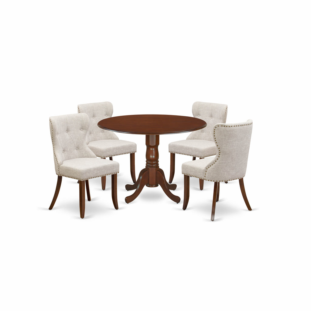 East West Furniture DLSI5-MAH-35 5 Piece Kitchen Table & Chairs Set Includes a Round Dining Room Table with Dropleaf and 4 Doeskin Linen Fabric Parson Dining Chairs, 42x42 Inch, Mahogany