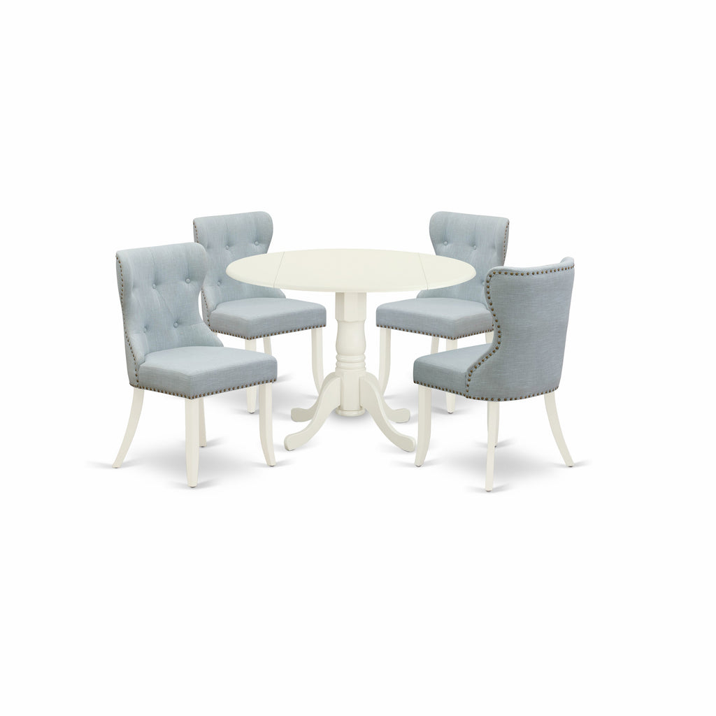 East West Furniture DLSI5-WHI-15 5 Piece Kitchen Table & Chairs Set Includes a Round Dining Room Table with Dropleaf and 4 Baby Blue Linen Fabric Parsons Chairs