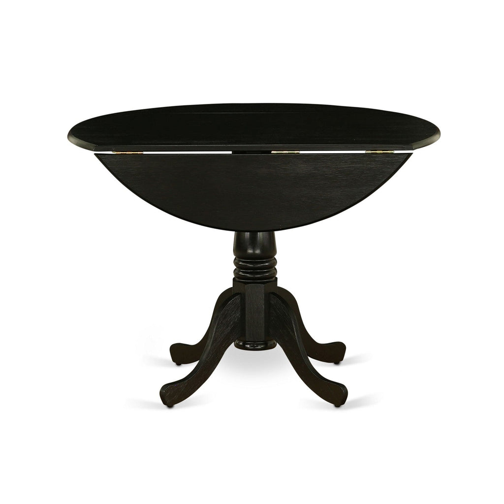 East West Furniture DMMZ3-AB6-50 3 Piece Modern Dining Table Set Contains a Round Wooden Table with Dropleaf and 2 Dark Gotham Grey Linen Fabric Upholstered Chairs