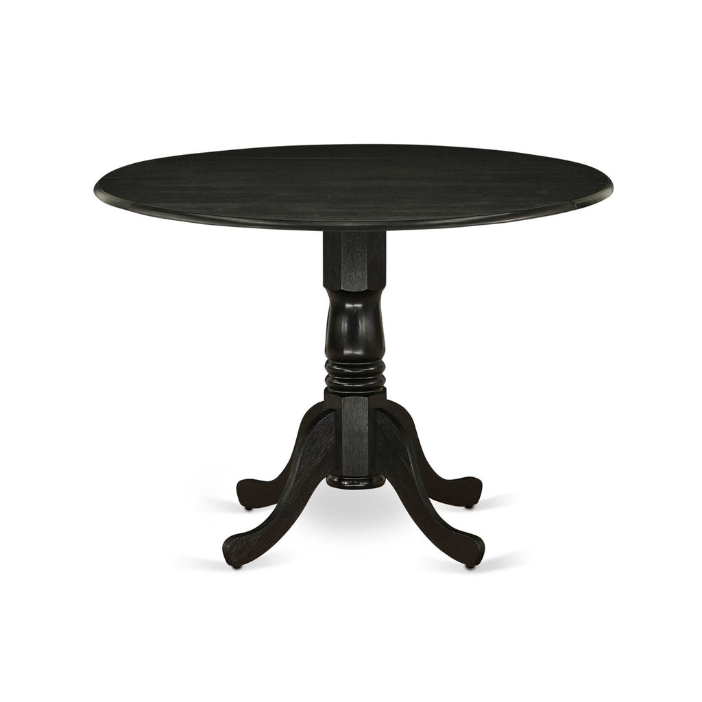 East West Furniture DLMZ3-AB6-06 3 Piece Modern Dining Table Set Contains a Round Wooden Table with Dropleaf and 2 Shitake Linen Fabric Parsons Dining Chairs, 42x42 Inch, Wirebrushed Black