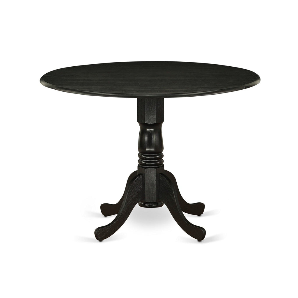 East West Furniture DMMZ3-AB6-50 3 Piece Modern Dining Table Set Contains a Round Wooden Table with Dropleaf and 2 Dark Gotham Grey Linen Fabric Upholstered Chairs