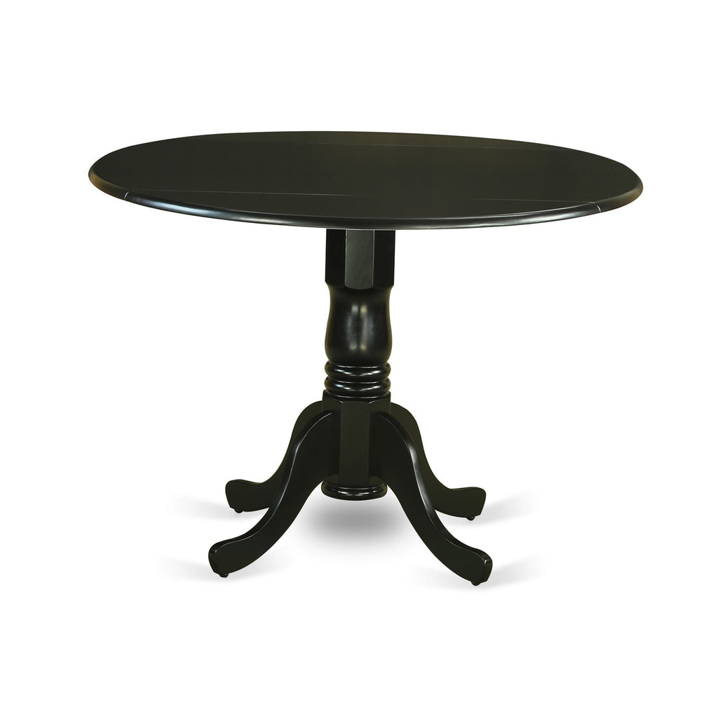 El juego de mesa y sillas de cocina de 3 piezas DLKE3-BLK-LC de East West Furniture incluye una mesa de comedor redonda con alas abatibles y 2 sillas de comedor de piel sintética.