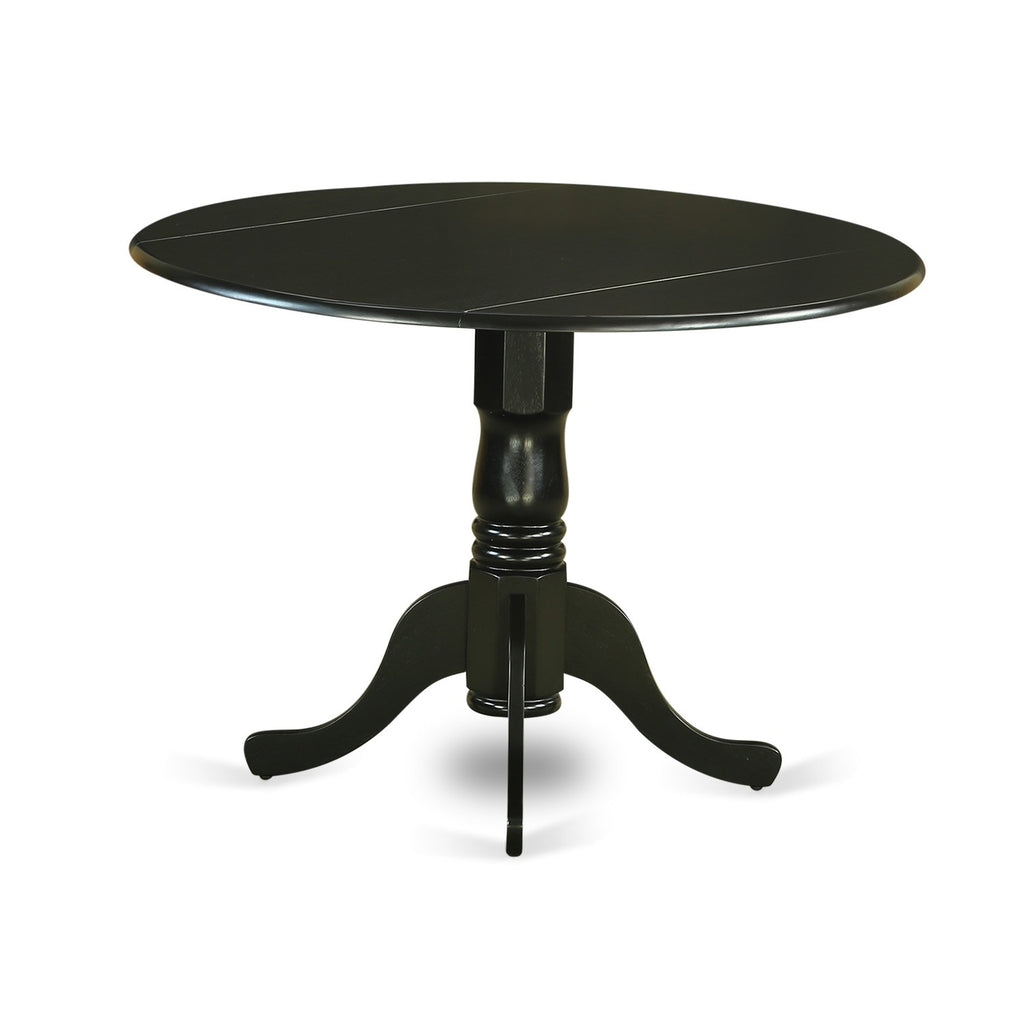 El juego de mesa y sillas de cocina de 3 piezas DLKE3-BLK-LC de East West Furniture incluye una mesa de comedor redonda con alas abatibles y 2 sillas de comedor de piel sintética.