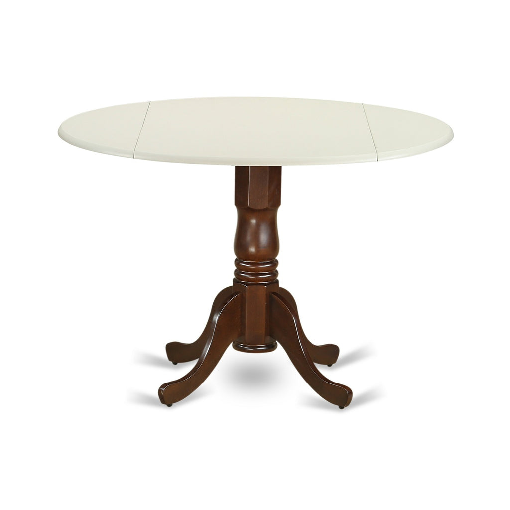 East West Furniture DLT-LMA-TP Dublin Modern Kitchen Table - a Round Dining Table Top with Dropleaf & Pedestal Base, 42x42 Inch, Linen White & Mahogany