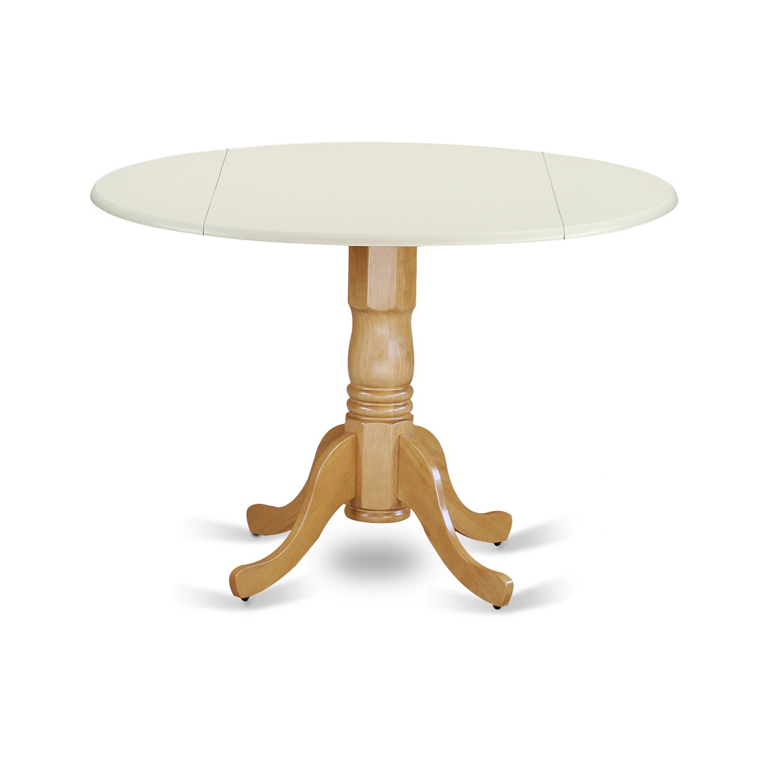 DLT-LOK-TP Dublin Round Table with two 9" Drop Leaves - Linen White and Oak Finish