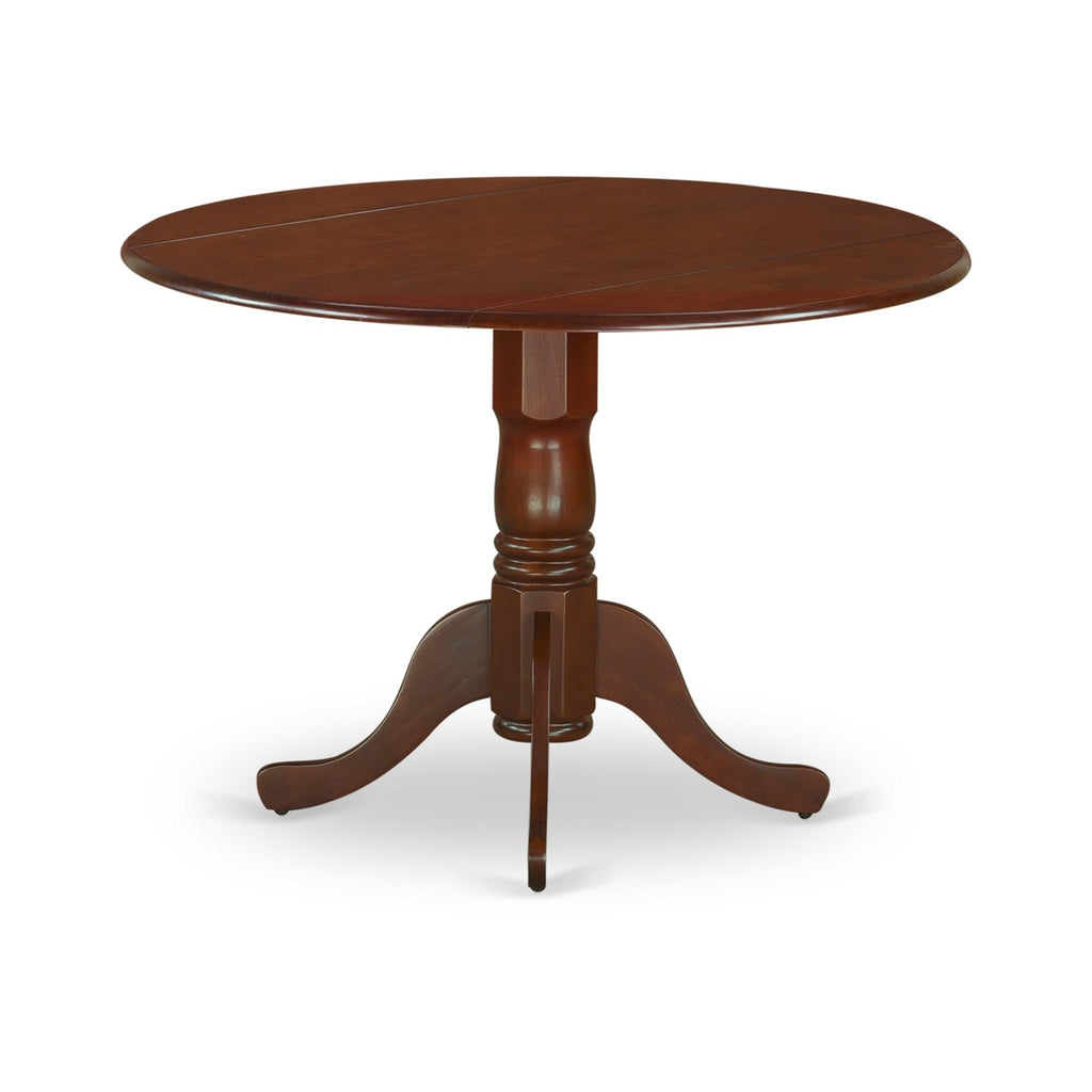 East West Furniture DLFL3-MAH-18 3 Piece Dining Set Contains a Round Dining Room Table with Dropleaf and 2 Brown Linen Linen Fabric Upholstered Parson Chairs