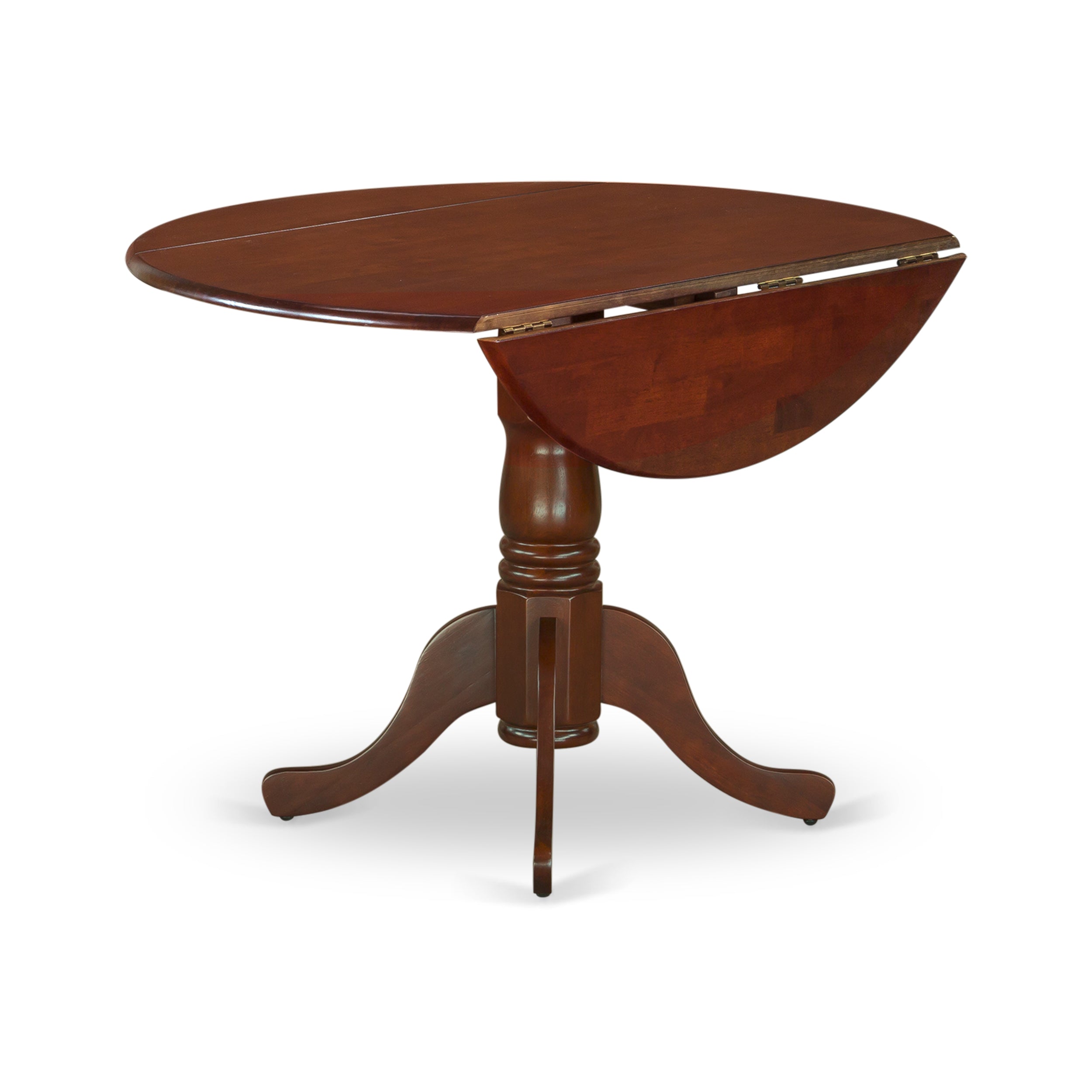 Juego de mesa de comedor moderna de 3 piezas DLBO3-MAH-W de East West Furniture. Contiene una mesa redonda de madera con alas abatibles y 2 sillas de comedor.