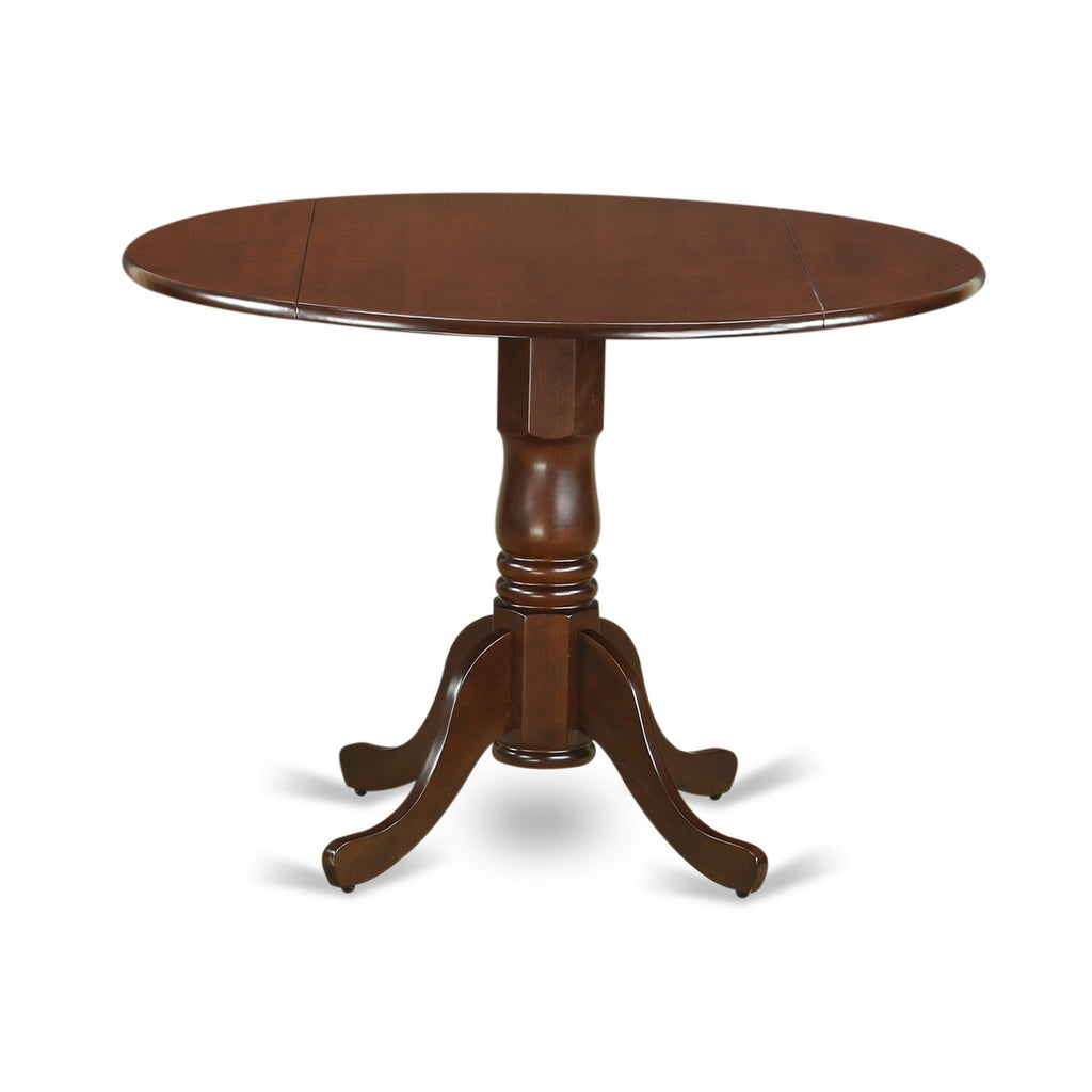East West Furniture DLNO5-MAH-W 5 Piece Dining Room Table Set Includes a Round Dining Table with Dropleaf and 4 Wood Seat Chairs