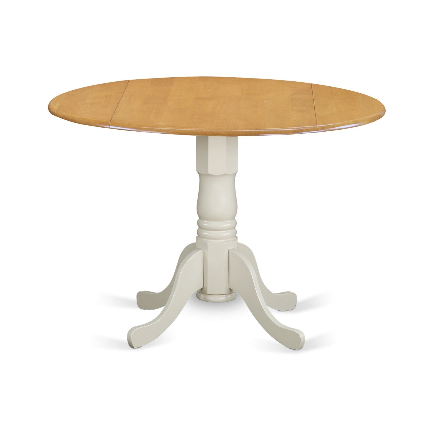 DLT-OLW-TP Dublin Round Table with two 9" Drop Leaves in Oak and Linen White Finish