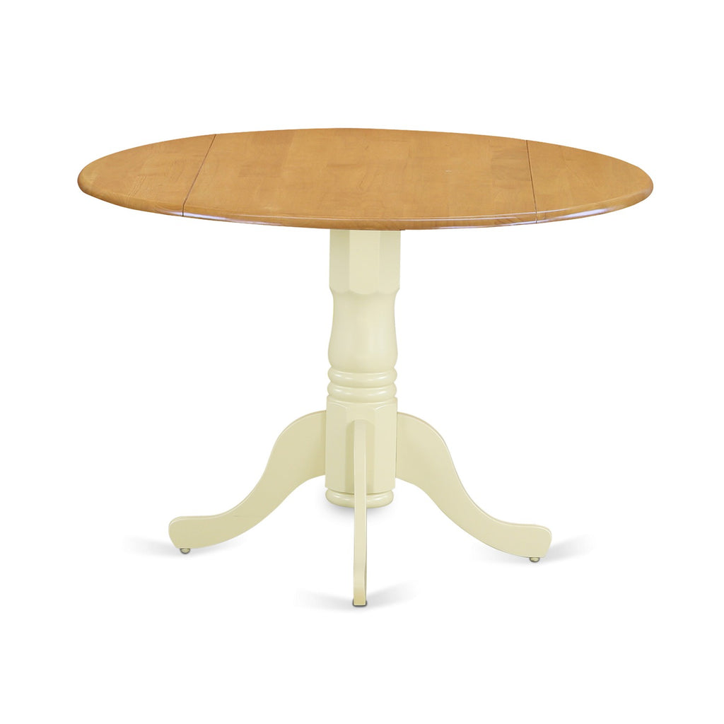 East West Furniture DLT-OMK-TP Dublin Dining Room Table - a Round kitchen Table Top with Dropleaf & Pedestal Base