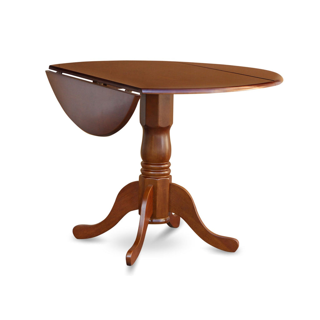 East West Furniture DLAV3-SBR-C 3 Piece Dining Room Table Set  Contains a Round Dining Table with Dropleaf and 2 Linen Fabric Upholstered Chairs, 42x42 Inch, Saddle Brown