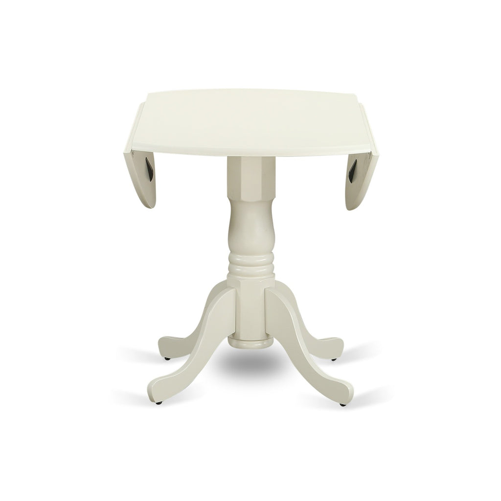 Juego de mesa de cocina de 3 piezas East West Furniture DLLA3-WHI-06 para espacios pequeños. Contiene una mesa de comedor redonda con pedestal y 2 sillas tapizadas en tela de lino Shitake.