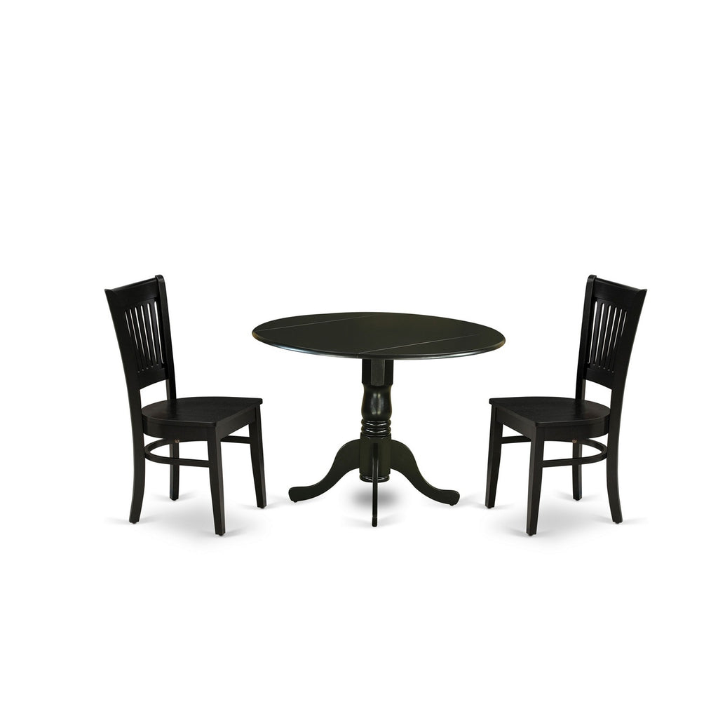 East West Furniture DLVA3-BLK-W 3 Piece Dinette Set for Small Spaces Contains a Round Dining Table with Dropleaf and 2 Dining Chairs