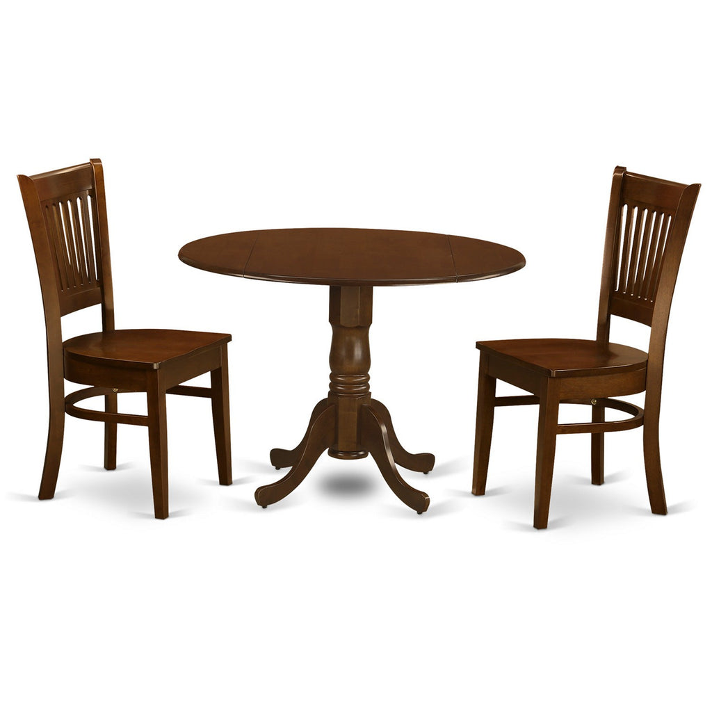 Juego de comedor de 3 piezas East West Furniture DLVA3-ESP-W para espacios pequeños. Contiene una mesa de comedor redonda con alas abatibles y 2 sillas de comedor.