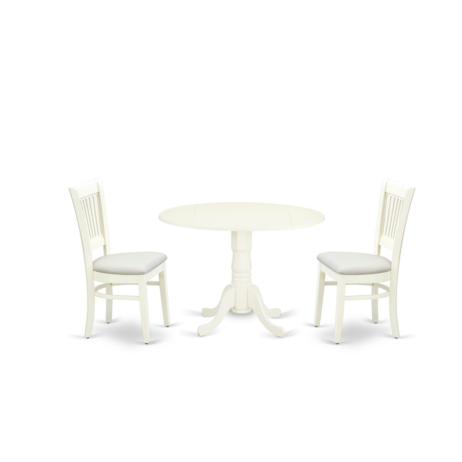 EAST WEST FURNITURE - DLVA3-LWH-C - 3-Piece Dinette Set- 2 Mid Century Dining Chairs with Wooden Linen Fabric and Slatted Chair Back - Dropleafs Wooden Dining Table - linen white Finish