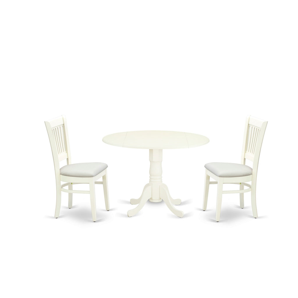 East West Furniture DLVA3-LWH-C 3 Piece Modern Dining Table Set Contains a Round Wooden Table with Dropleaf and 2 Linen Fabric Upholstered Dining Chairs