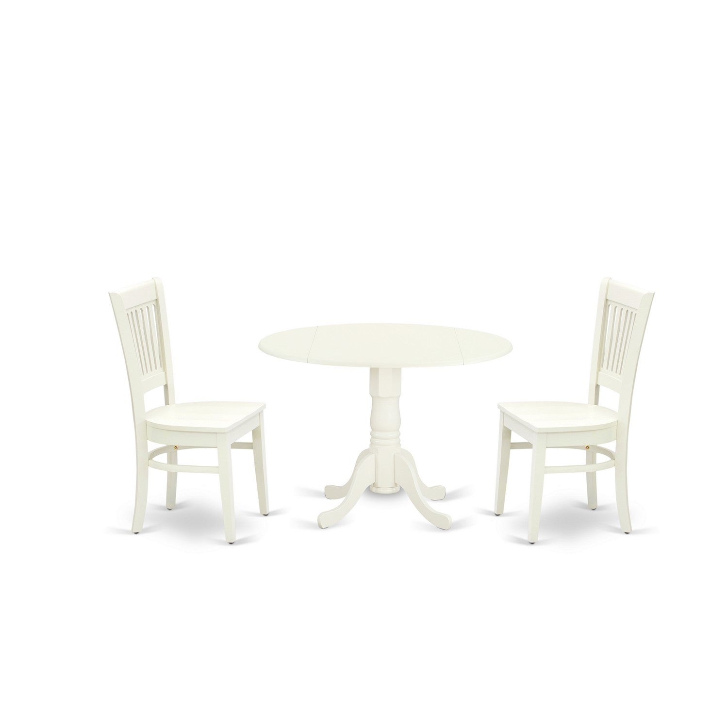 Juego de mesa de comedor moderna de 3 piezas DLVA3-LWH-W de East West Furniture. Contiene una mesa redonda de madera con alas abatibles y 2 sillas de comedor.