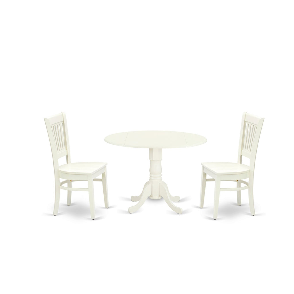 East West Furniture DLVA3-LWH-W 3 Piece Modern Dining Table Set Contains a Round Wooden Table with Dropleaf and 2 Dining Room Chairs, 42x42 Inch, Linen White