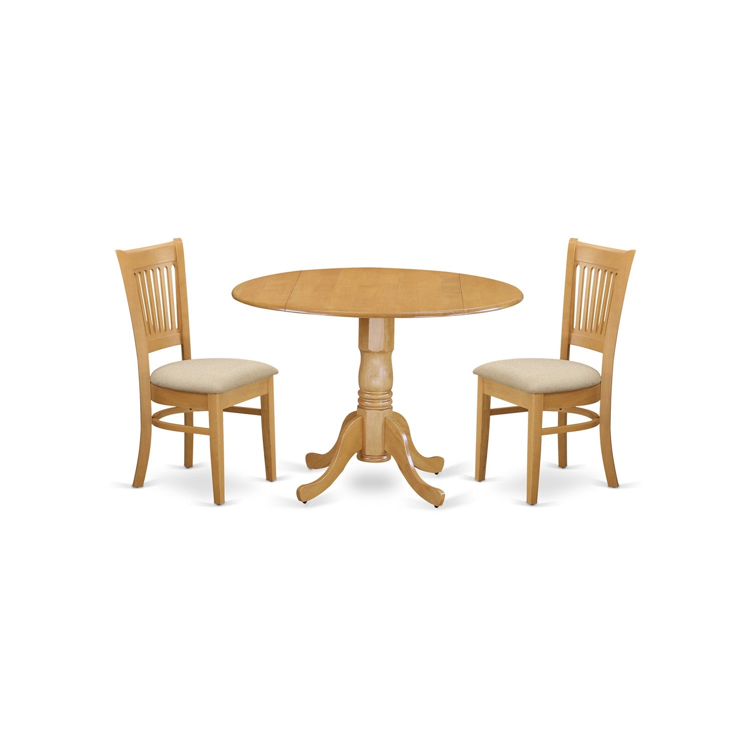 Juego de comedor de 3 piezas DLVA3-OAK-C de East West Furniture. Contiene una mesa de comedor redonda con alas abatibles y 2 sillas tapizadas en tela de lino.