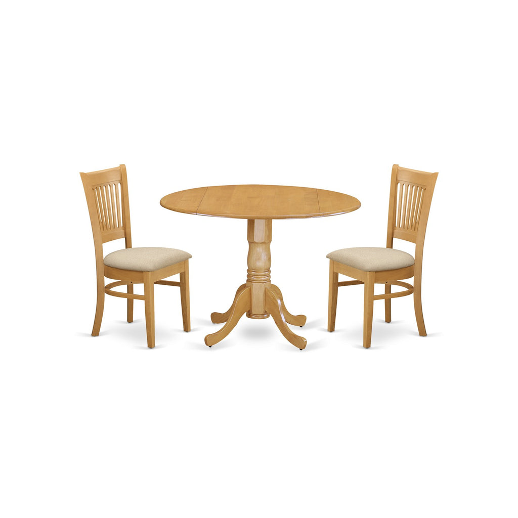 East West Furniture DLVA3-OAK-C 3 Piece Dining Set Contains a Round Dining Room Table with Dropleaf and 2 Linen Fabric Upholstered Chairs, 42x42 Inch, Oak
