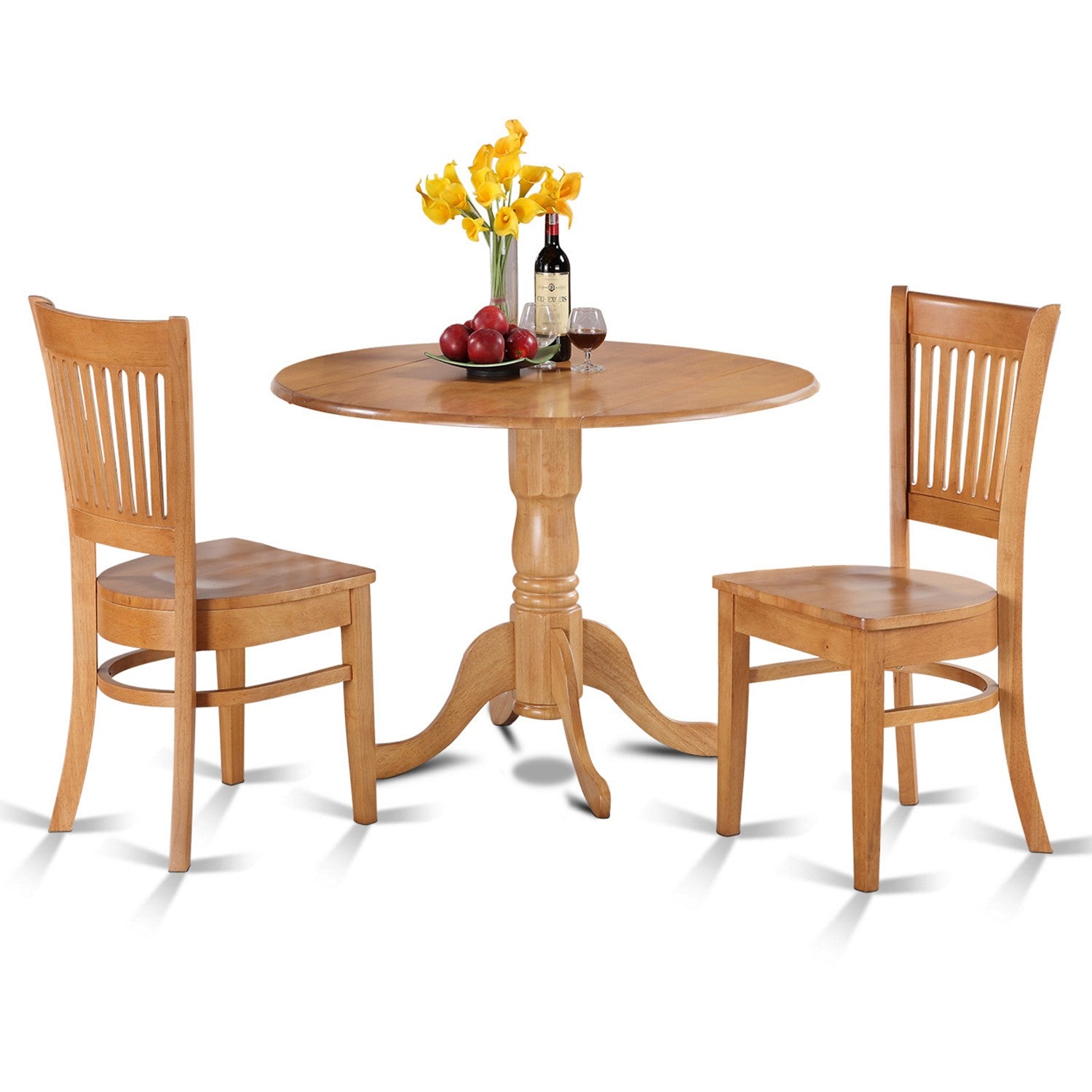 Juego de mesa de comedor de 3 piezas East West Furniture DLVA3-OAK-W para espacios pequeños. Contiene una mesa de comedor redonda con alas abatibles y 2 sillas con asiento de madera.