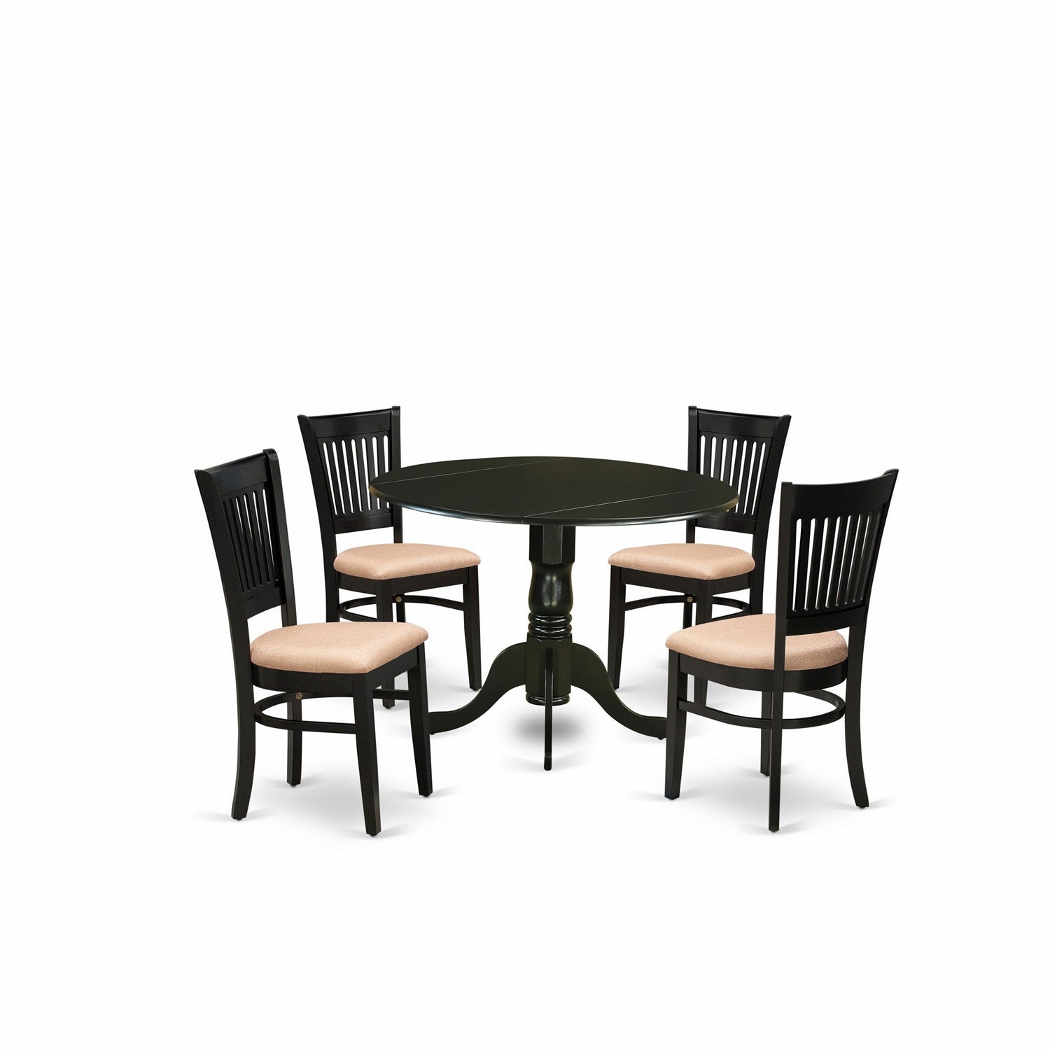 Juego de mesa de comedor de 5 piezas East West Furniture DLVA5-BLK-C para 4 personas. Incluye una mesa de cocina redonda con alas abatibles y 4 sillas de comedor tapizadas en tela de lino.