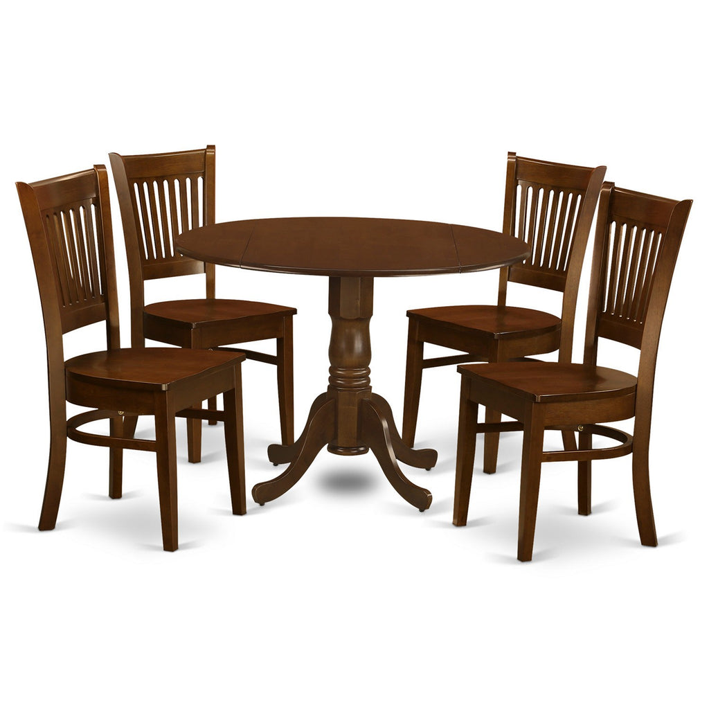 Juego de mesa de cocina de 5 piezas East West Furniture DLVA5-ESP-W para 4 personas. Incluye una mesa de comedor redonda con alas abatibles y 4 sillas con asiento de madera maciza.
