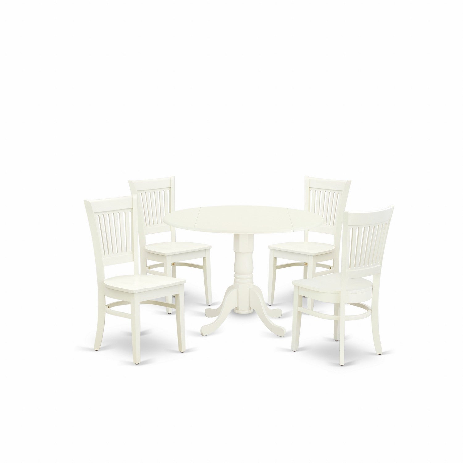 EAST WEST FURNITURE - DLVA5-LWH-W - 5-Pc Dinette Room Set- 4 dining room chairs with Wooden Seat and Slatted Chair Back - Dropleafs Dining Table - linen white Finish