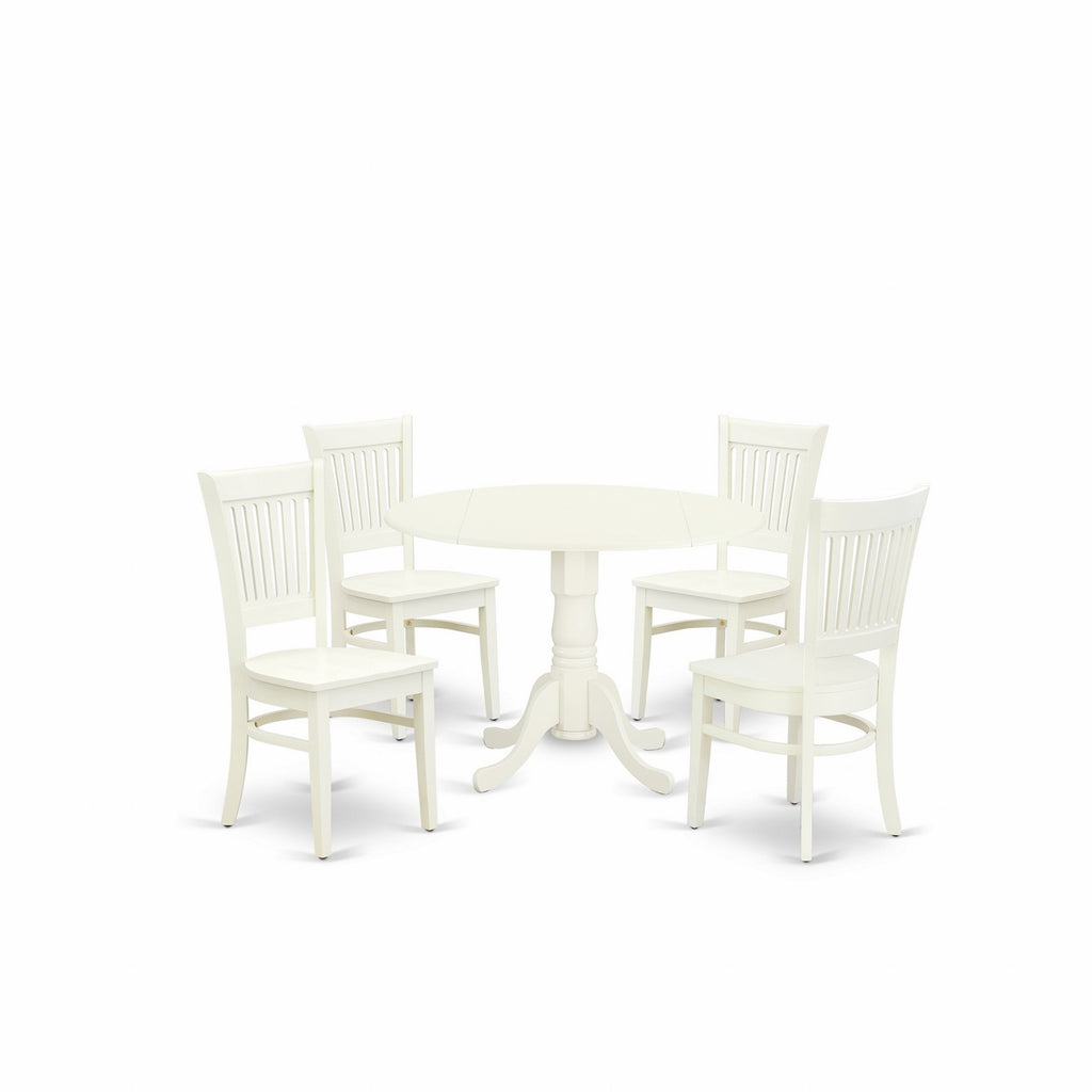 East West Furniture DLVA5-LWH-W 5 Piece Kitchen Table & Chairs Set Includes a Round Dining Room Table with Dropleaf and 4 Dining Chairs, 42x42 Inch, Linen White