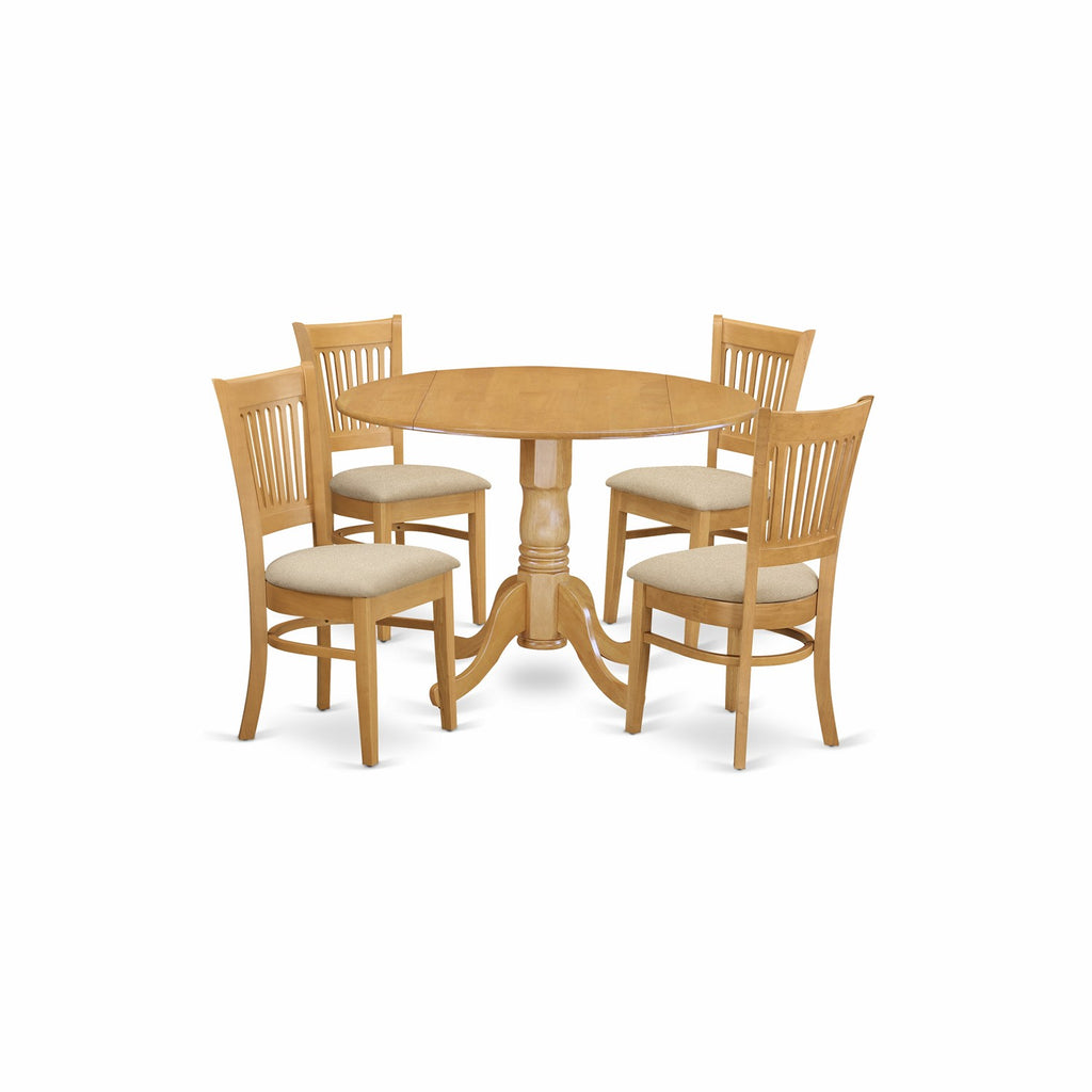 East West Furniture DLVA5-OAK-C 5 Piece Kitchen Table & Chairs Set Includes a Round Dining Room Table with Dropleaf and 4 Linen Fabric Upholstered Chairs