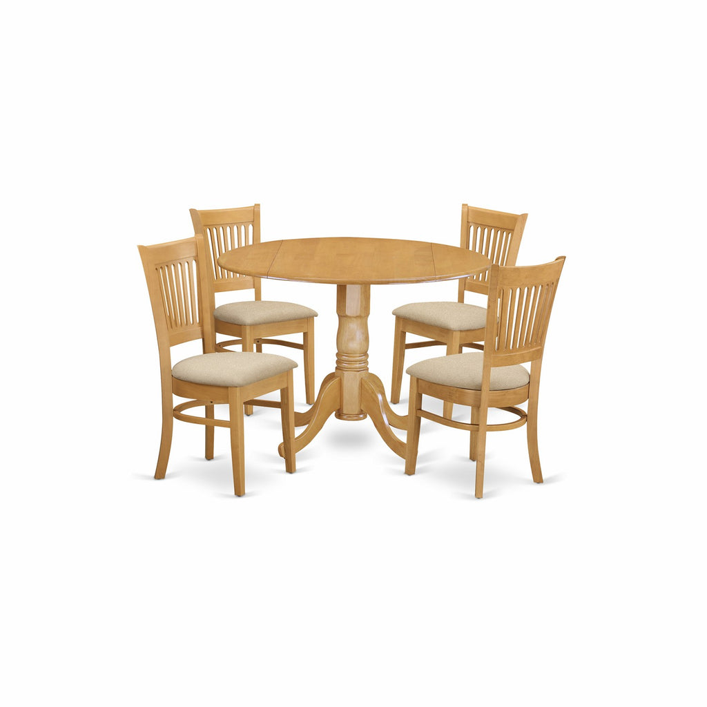 East West Furniture DLVA5-OAK-C 5 Piece Kitchen Table & Chairs Set Includes a Round Dining Room Table with Dropleaf and 4 Linen Fabric Upholstered Chairs, 42x42 Inch, Oak