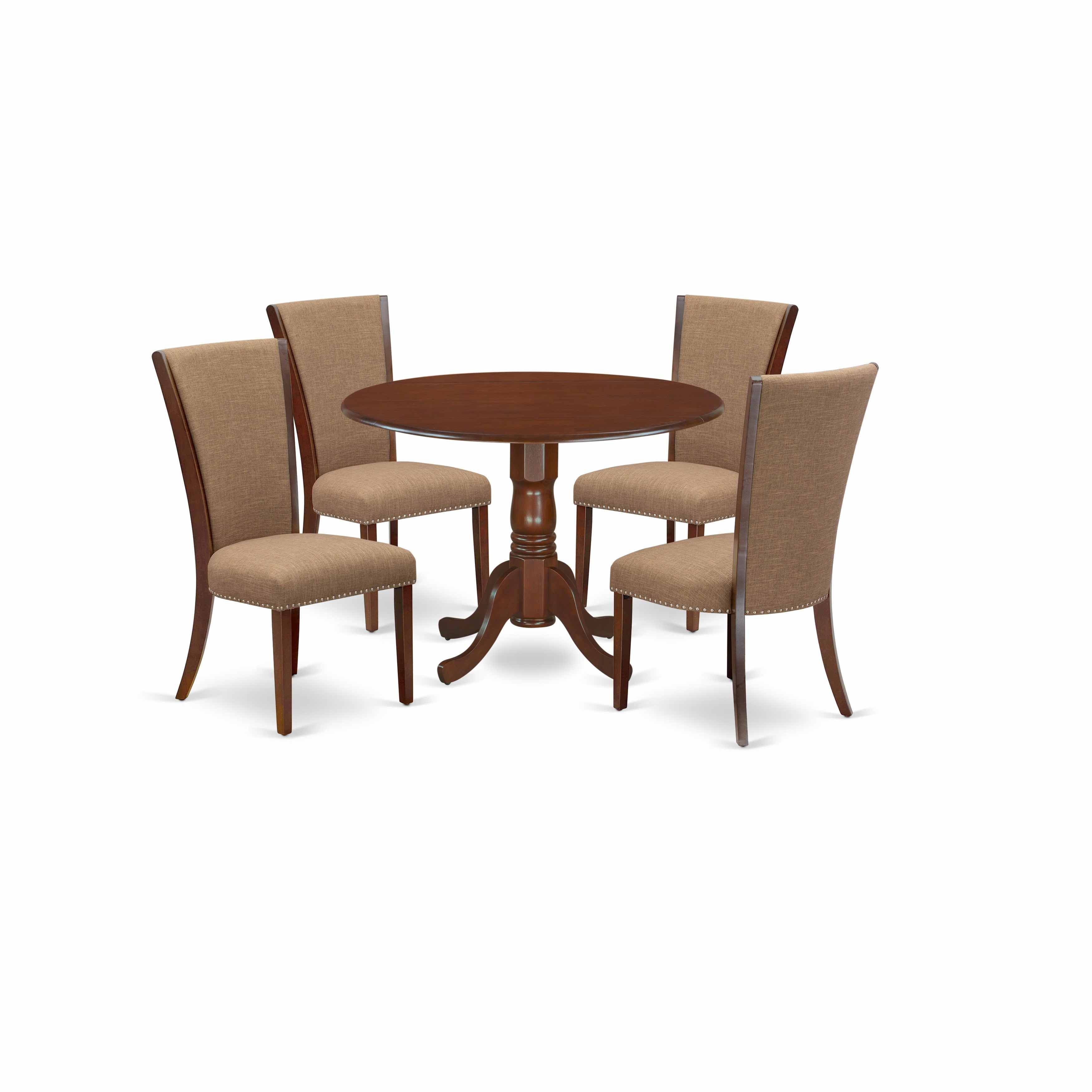 EAST WEST FURNITURE - DLVE5-MAH-47 - 5 Pc Dining Room Set - 4 Light Sable Linen Fabric Padded Parson Chairs with High Back and 1 Dropleafs Kitchen Table - Mahogany Finish