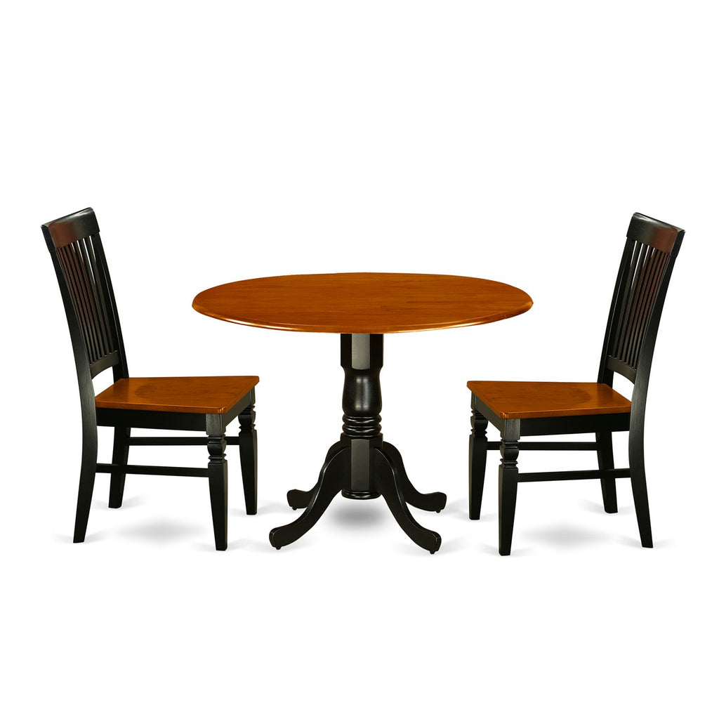 Juego de mesa y sillas de cocina de 3 piezas DLWE3-BCH-W de East West Furniture. Contiene una mesa de comedor redonda con alas abatibles y 2 sillas de comedor.