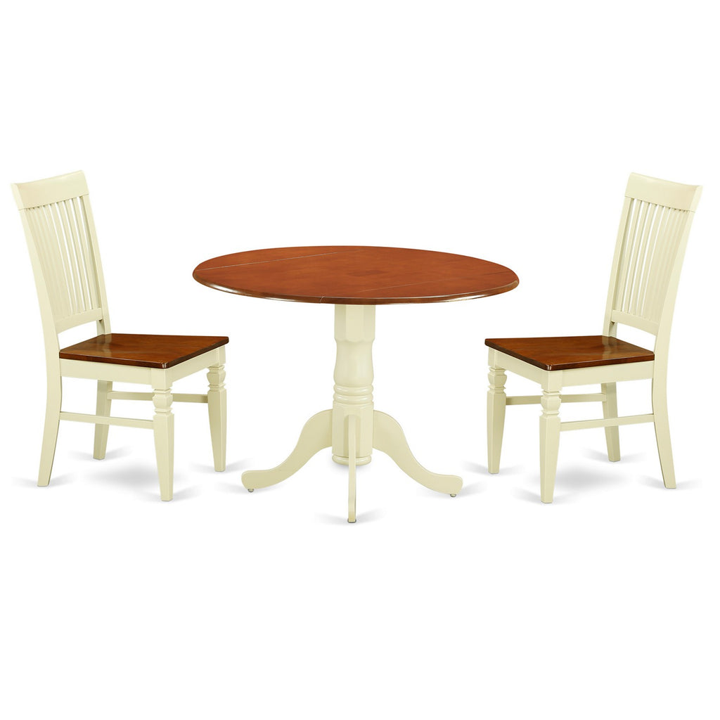 East West Furniture DLWE3-BMK-W 3 Piece Dining Set Contains a Round Dining Room Table with Dropleaf and 2 Wood Seat Chairs