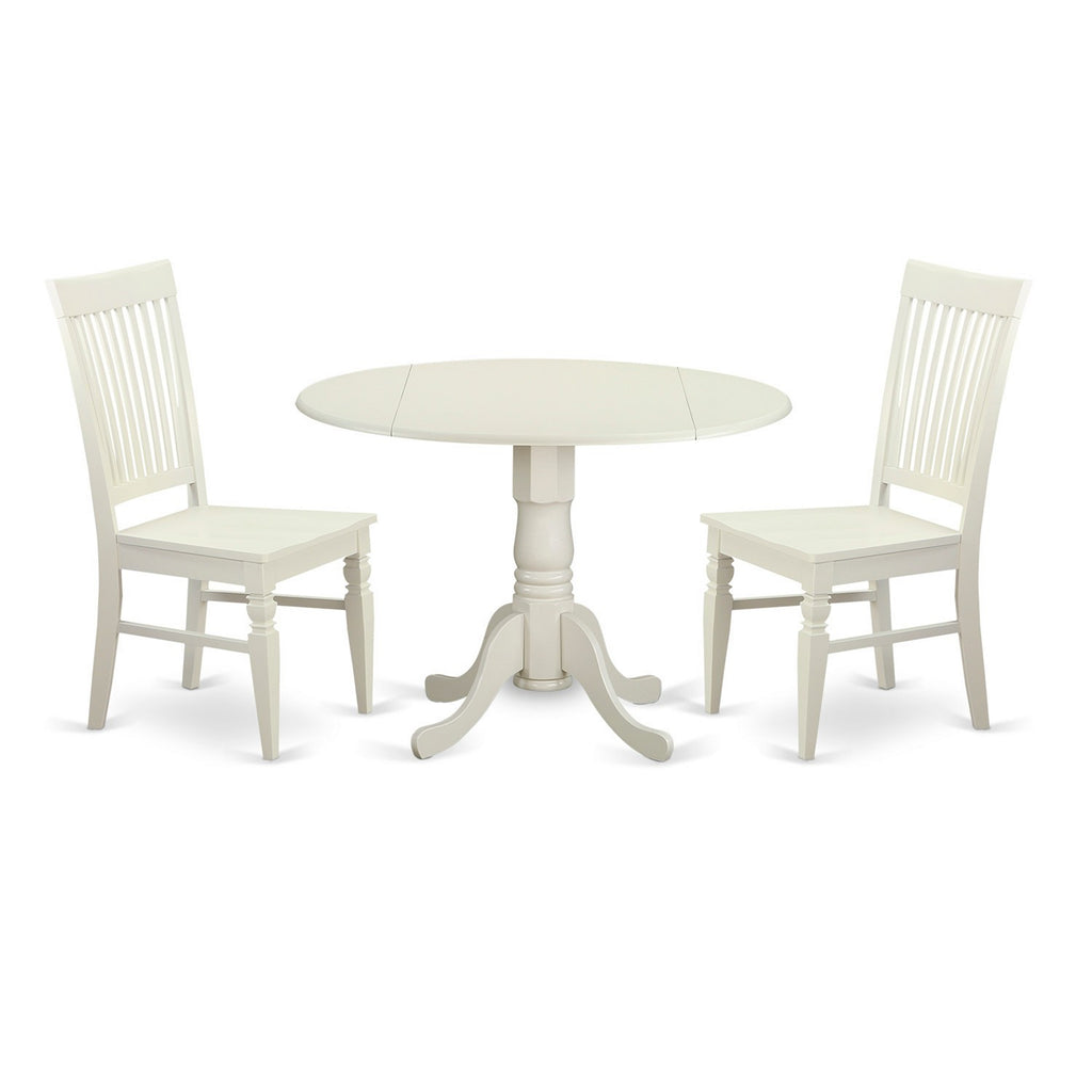 Juego de comedor de 3 piezas East West Furniture DLWE3-WHI-W para espacios pequeños. Contiene una mesa de comedor redonda con alas abatibles y 2 sillas de comedor.
