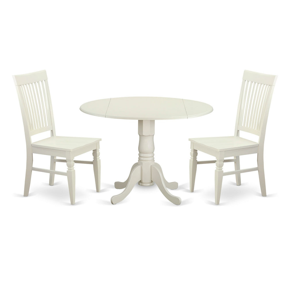 East West Furniture DLWE3-WHI-W 3 Piece Dinette Set for Small Spaces Contains a Round Dining Table with Dropleaf and 2 Dining Room Chairs, 42x42 Inch, Linen White