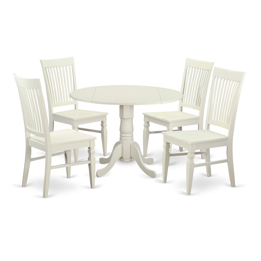 Juego de mesa de comedor de 5 piezas East West Furniture DLWE5-WHI-W para 4 personas. Incluye una mesa de cocina redonda con alas abatibles y 4 sillas de comedor.