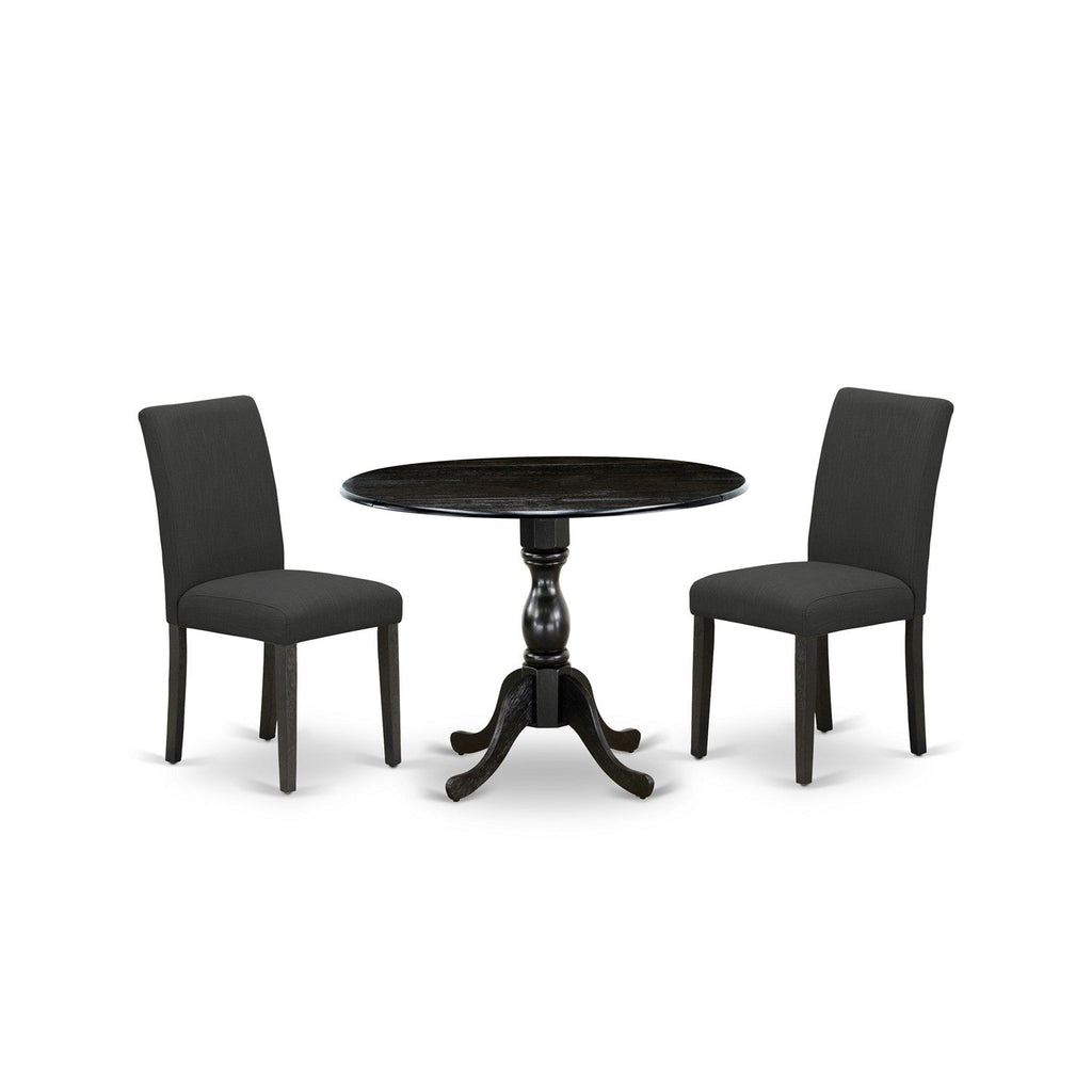 Juego de mesa de comedor moderna de 3 piezas DMAB3-ABK-24 de East West Furniture. Contiene una mesa redonda de madera con alas abatibles y 2 sillas tapizadas en tela de lino de color negro.