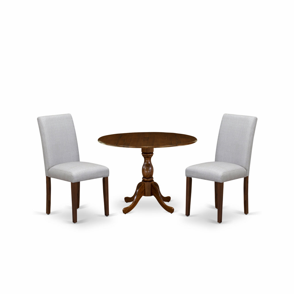 Juego de comedor de 3 piezas DMAB3-AWA-05 de East West Furniture para espacios pequeños. Contiene una mesa de comedor redonda con alas abatibles y 2 sillas de comedor Parson de tela de lino gris.