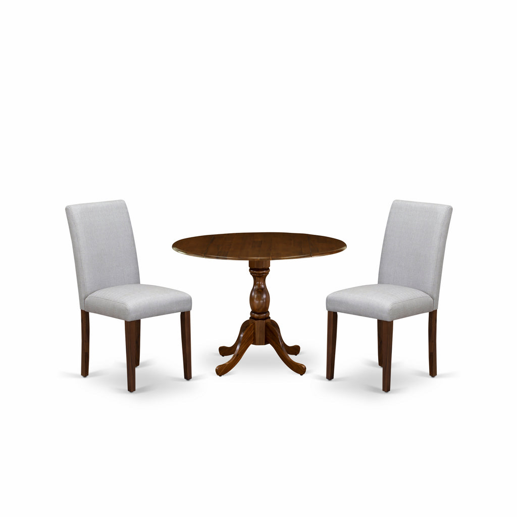 East West Furniture DMAB3-AWA-05 3 Piece Dinette Set for Small Spaces Contains a Round Dining Table with Dropleaf and 2 Grey Linen Fabric Parson Dining Chairs, 42x42 Inch, Walnut