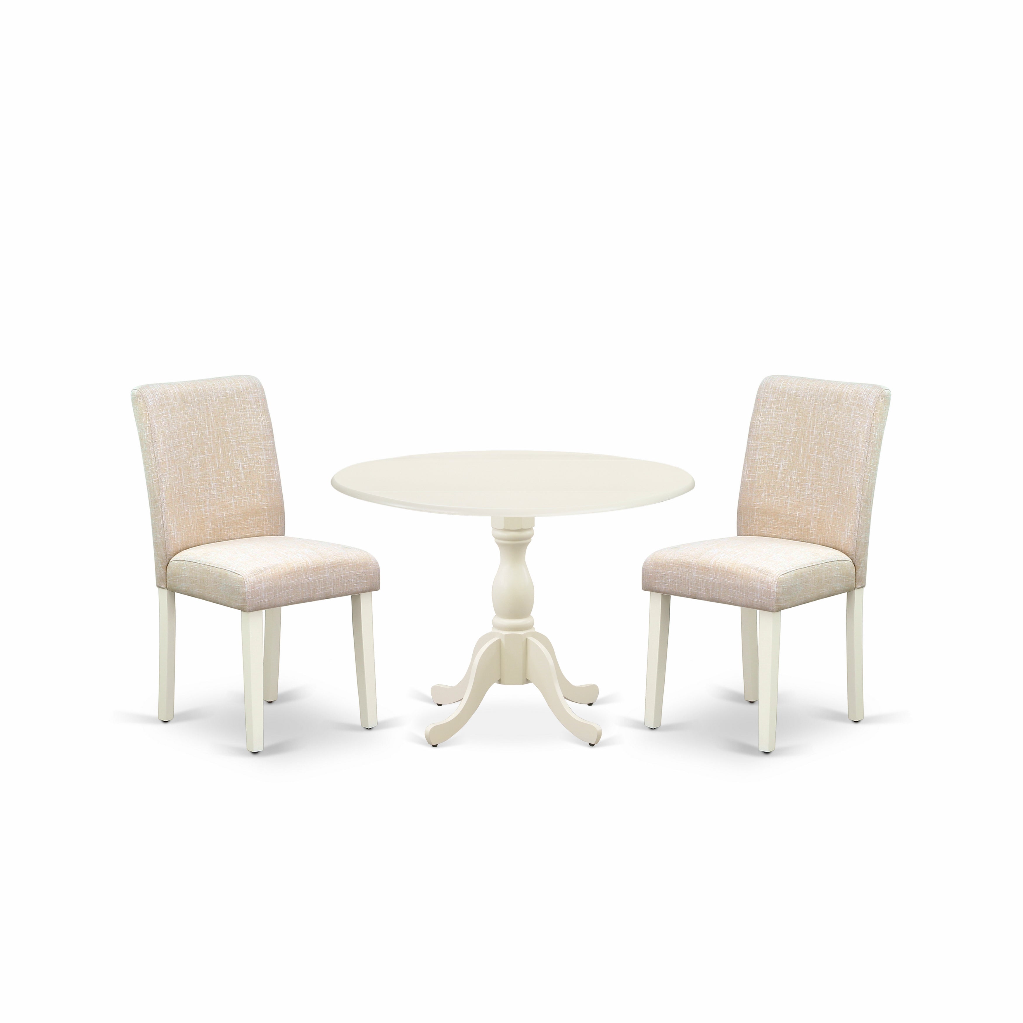 DMAB3-LWH-02 3 Piece Dining Room Set Includes 1 Drop Leaves Wood Table and 2 Light Beige Linen Fabric Dinning Chairs with High Back - linen white Finish