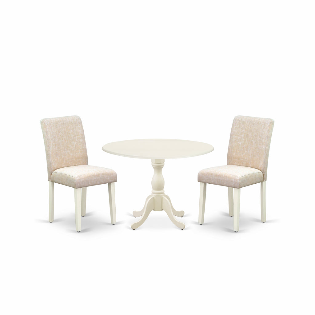 Juego de mesa de comedor de 3 piezas DMAB3-LWH-02 de East West Furniture. Incluye una mesa de comedor redonda con alas abatibles y 2 sillas tapizadas en tela de lino beige claro.