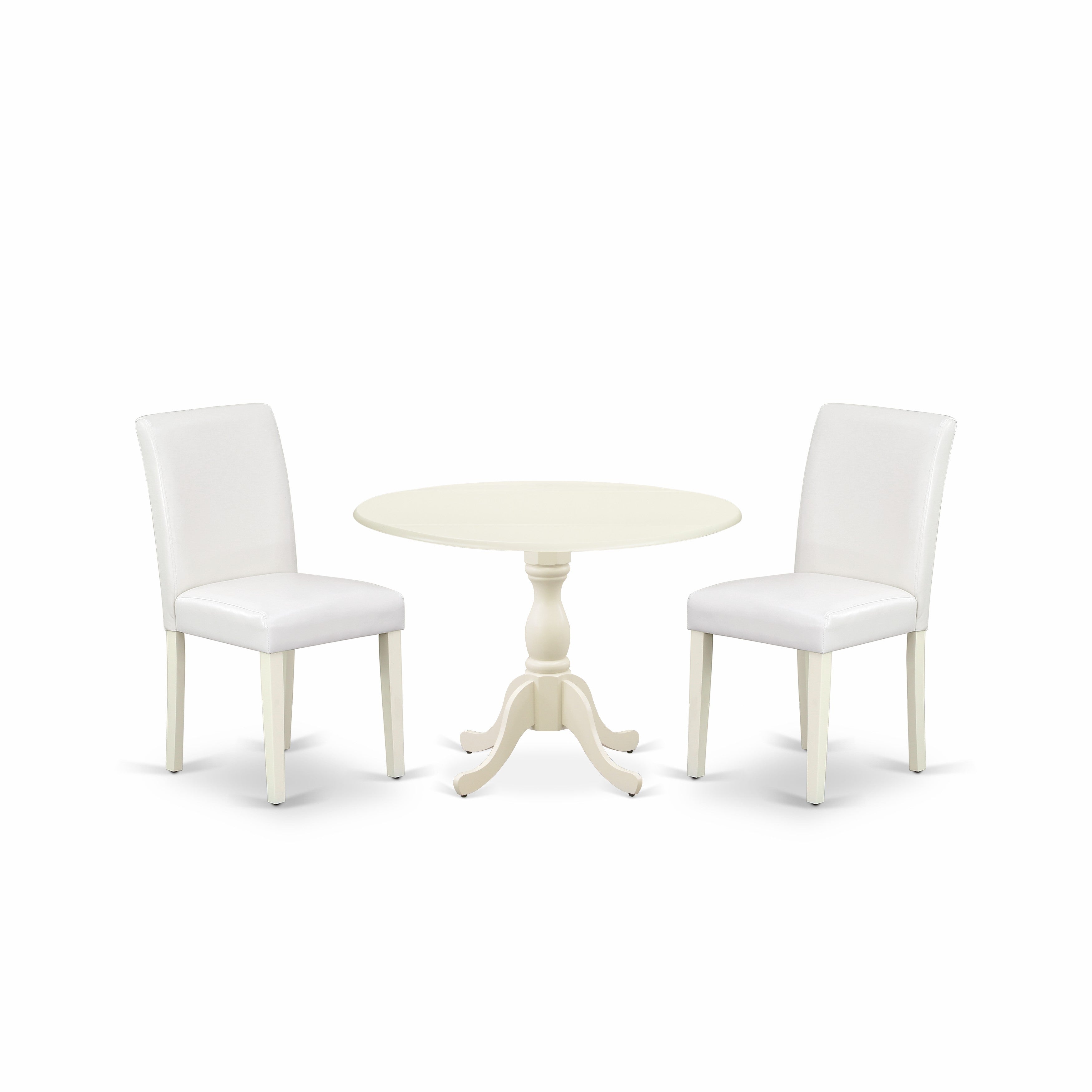 DMAB3-LWH-64 3 Piece Dining Room Set Includes 1 Drop Leaves Dining Table and 2 Linen white PU faux Leather Upholstered Dining Chairs with High Back - linen white Finish