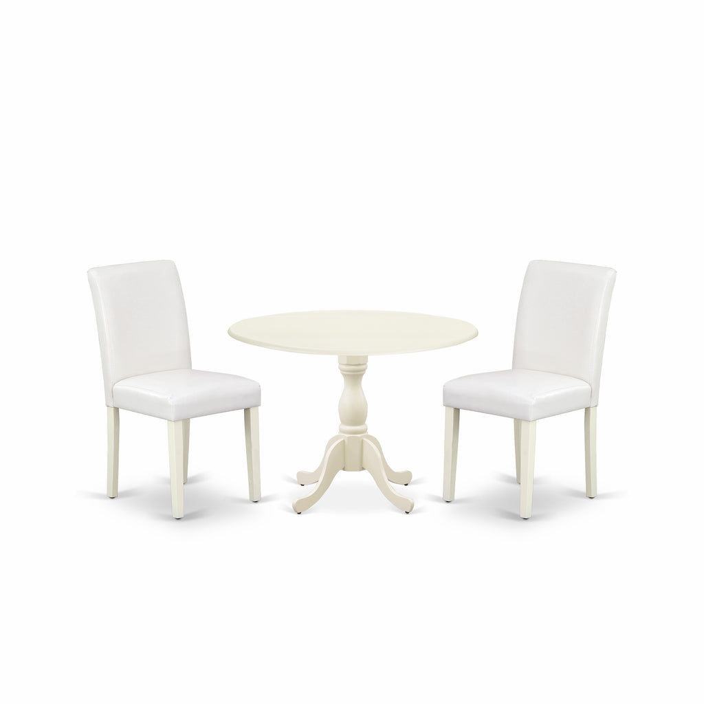 East West Furniture DMAB3-LWH-64 3 Piece Dining Set Contains a Round Dining Room Table with Dropleaf and 2 White Faux Leather Upholstered Parson Chairs, 42x42 Inch, Linen White